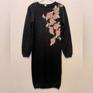 Halmode Women’s Vintage Sweater Dress -Sz Medium- Black w/Flowers